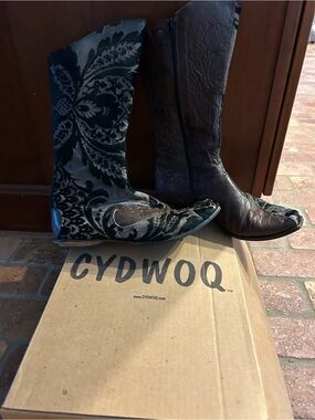 CYDWOQ Black Velvet Patterned & Brown Leather Tall Boots Duo